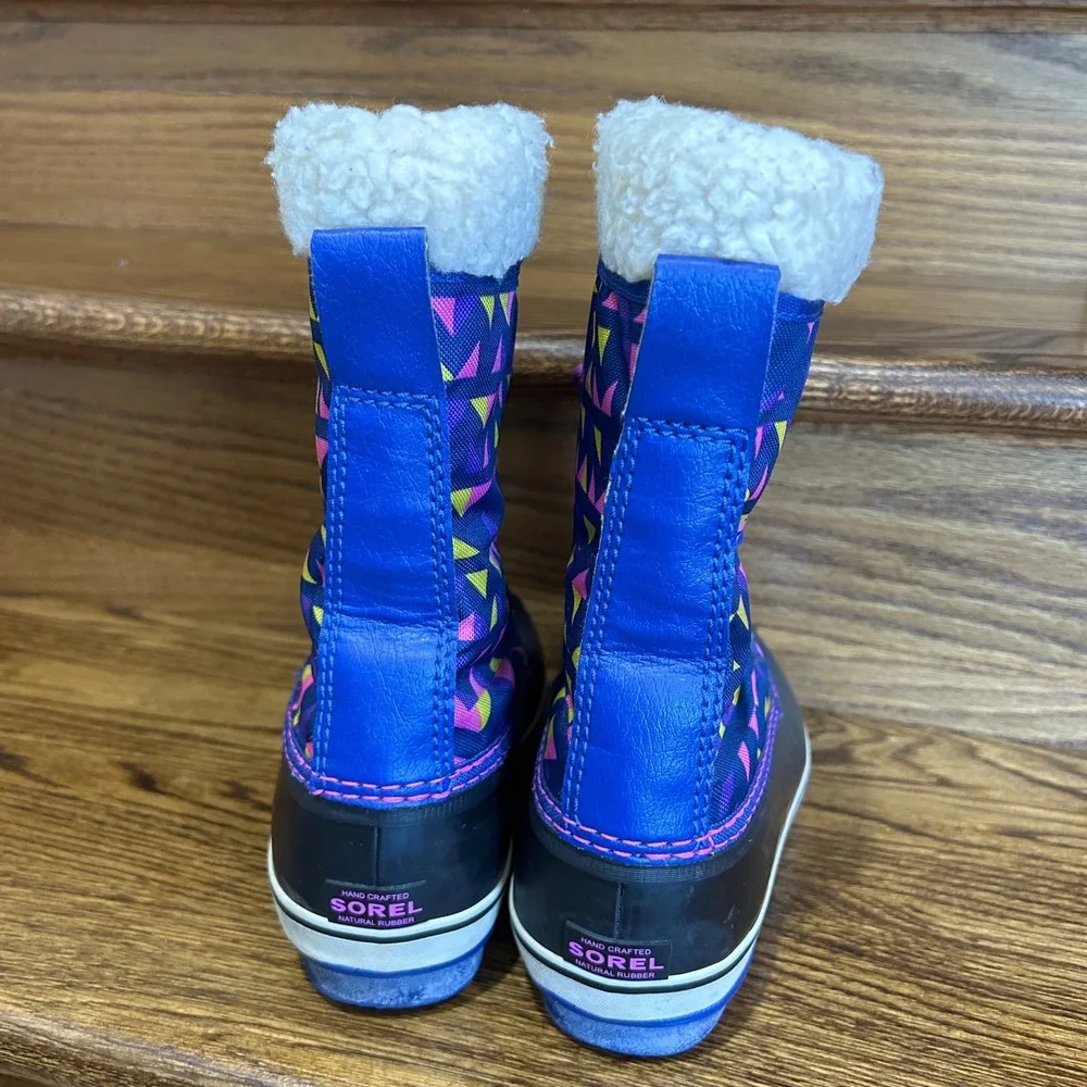 Sorel Winter Snow Boots Kids 5 Blue Pink‎ Waterproof Faux Fur Geometric